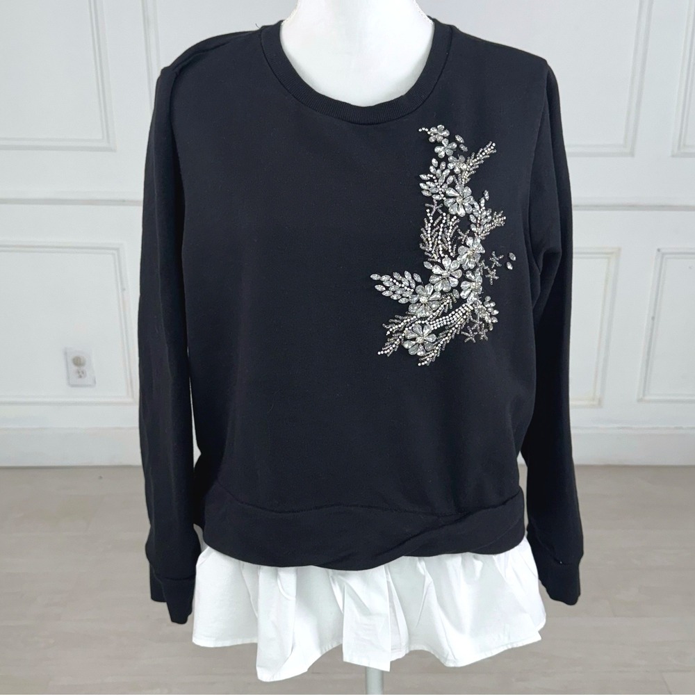 Calligraphie Layered Sweatshirt Women XL Black Crystal Floral Ruffle Hem Cotton